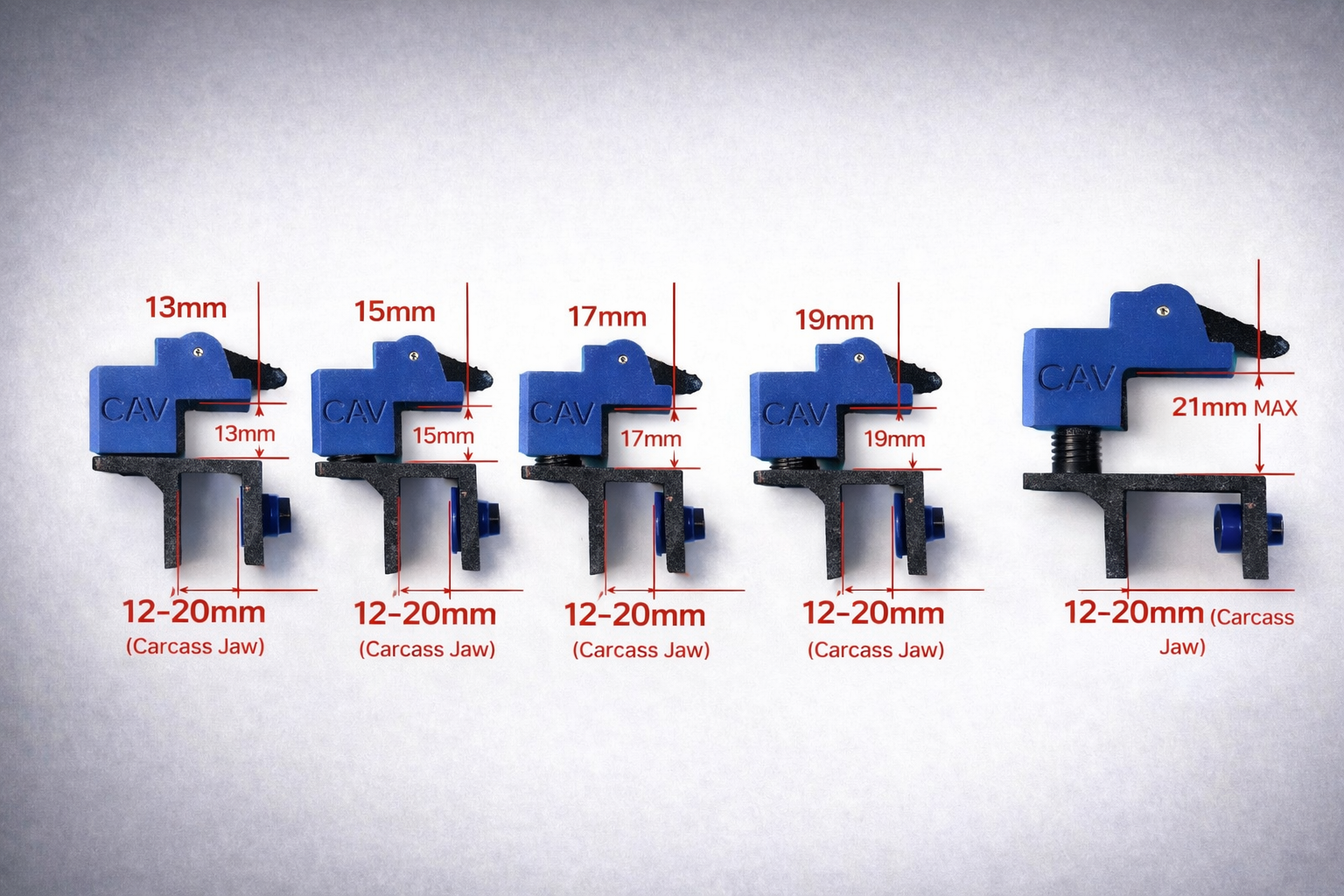 Measurement graphic (13–15–17–19–21mm):
Adjustable scribe clamp size positions 13mm 15mm 17mm 19mm 21mm