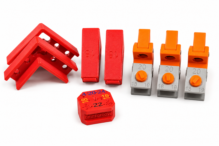 CAV Joinery installer bundle with red 90 degree corner squares, orange adjustable scribing clamps, 18mm blocks and red multi-offset scribing block on a white background
