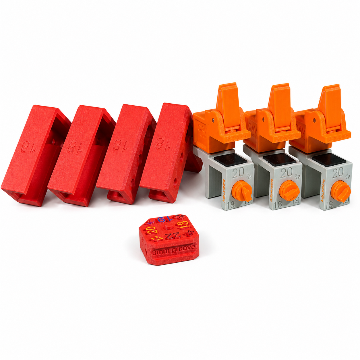 CAV Joinery installer bundle with red 90 degree corner squares, orange adjustable scribing clamps, 18mm blocks and red multi-offset scribing block on a white background
